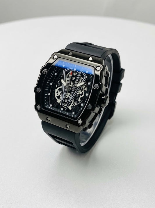 Men's Black Square Skeleton Watch with Skeleton Dial