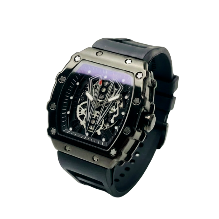 Men's Black Square Skeleton Watch with Skeleton Dial
